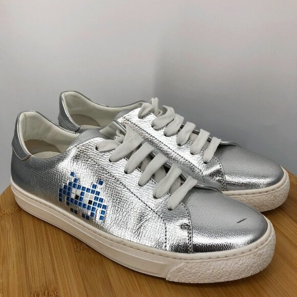 Anya Hindmarch Space Invaders Silver Metallic Leather tennis sneakers size 37 - Picture 3 of 16